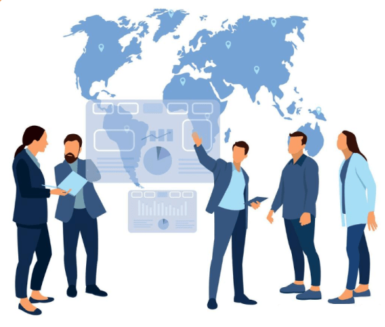 Composite image of a business meeting with co-workers working on plans and designs with a backdrop of the global map.