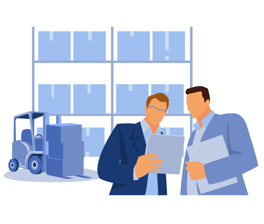 Composite image of businessmen reviewing documents in a warehouse.